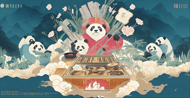 The Allafard Panda has a hot pot on board,, hentail realism, Giant pandas on promotional posters, Giant panda holding mahjong in hand, Official artwork, high detailed official artwork, Traditional Chinese concept art,  Chinese-style illustration, dreamland...