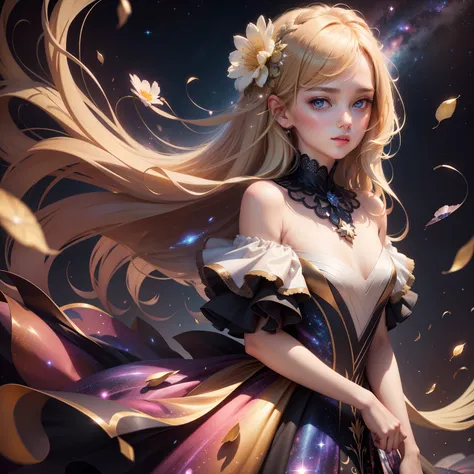 (best quality, masterpiece), 1girl, galaxy, glitter, dress, particle, wind, flower, upper body, dark simple background, looking at viewer, blonde,