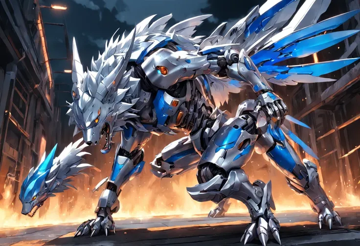 Silver-blue mecha wolf sculpture，Mechanical skin，Crawling attack stance，Silver mechanical articulated wing detailing，Explosive effect，Load weapon knives，tentaculata，Wallpapers of the highest quality，