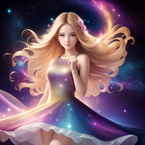 (best quality, masterpiece), 1girl, galaxy, glitter, dress, particle, wind, flower, upper body, dark simple background, looking at viewer, blonde,