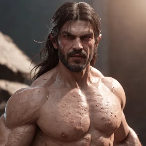 (professional 3d render:1.3) af (Realistic:1.3) most beautiful artwork photo in the world，Features soft and shiny male heroes, ((Epic hero fantasy muscle man rough wet hero angry look long hair short beard and ferocious expression in dynamic pose, Fantasti...