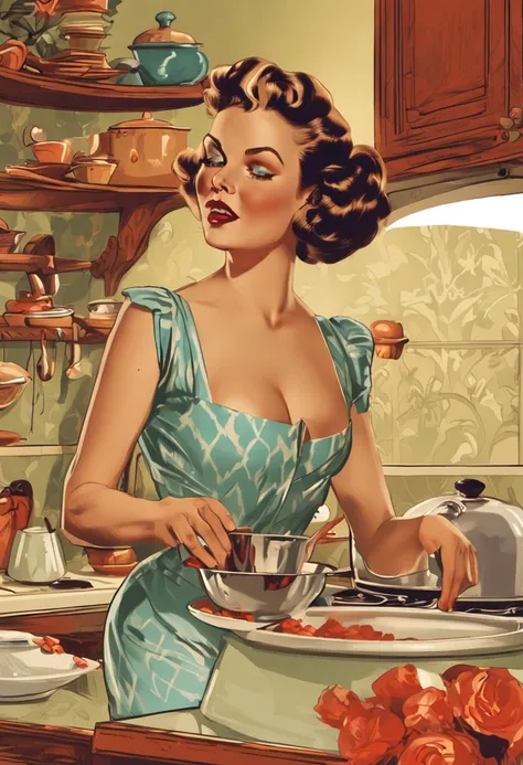 ((beste-Qualit)), ((tmasterpiece)), handsome girl, in a kitchen, (Иллюстрация Alberto-Vargas), Joyful emotions, Classic, Retro interior, ((Realistic)), Ultra-detailed, improvisation, (stabilization)