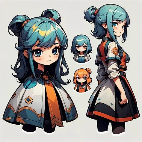 Character design sheet, same character, front, side, back), illustration, 1 girl, hair color, bangs, hairstyle fax, eyes, environment change, white background