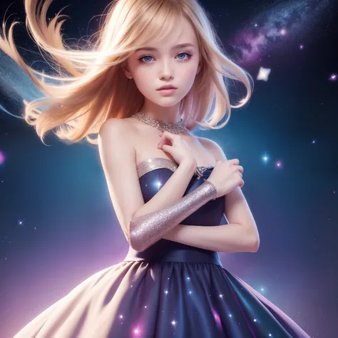 (best quality, masterpiece), 1girl, galaxy, glitter, dress, particle, wind, flower, upper body, dark simple background, looking at viewer, blonde,