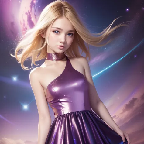 (best quality, masterpiece), 1girl, galaxy, glitter, dress, particle, wind, flower, upper body, dark simple background, looking at viewer, blonde,