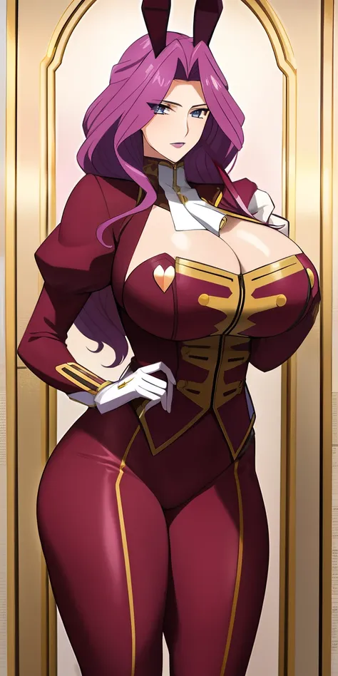 cornelia_li_britannia, huge breasts, solo, standing, cornelia_military_uniform,, masterpiece, best quality, detailed face, detailed eyes, highres, bunny girl reverse bunnysuit, heart pasties,