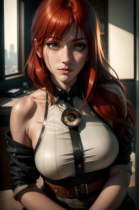 Makima from chainsaw man, there is a desk in a room with a window and a lamp, Makima is sitting at the desk, red hair, glistening yellow eyes, detailed face, soft lips, soft skin, extremely detailed face, perfect quality, wet skin and hair, medium soft bre...