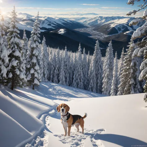 Epic realistic photography, Drawing of an adult dog Beagle, Standing on Nevada Hill 1.2 surrounded by snow-covered trees in a forest glade, Snowy mountains in the background, 8K --auto