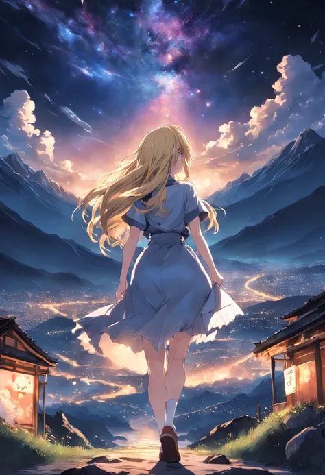 Anime style: Gorgeous busty woman, 24 years old, blonde long hair, walking towards a mountain on a bright and comforting starry night. Highly detailed, anime, wonderful.