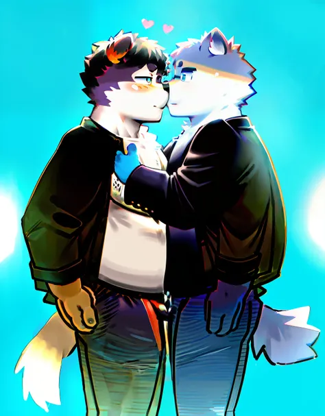 Double， Look at each other， 2boy，a black trench coat，White color blouse，malefocus， Chubby belly， chest muscle，Chubby male， White trench coat，White shirt， hairy pubic， Black fur， blue colored eyes，8K，high qulity，（Moki painting style），Hug together，Warm heart...