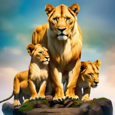 Three lions stand together on a rock on a sunny day, lions, digital art animal photo, lioness, detailed beautiful animals, lava, Majesty, a family portrait, Animals Wildlife, pride, Luis Miranda, Strong and ferocious, airbrush digital oil painting, amazing...