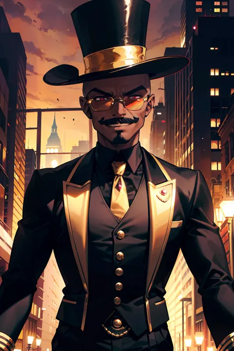 "a bald dark-skinned muscular man with a sly grin, garnet eyes, and large black mustache, wearing a top hat and garnet tuxedo with a black shirt complimented by a golden tie and round golden sunglasses over his eyes, (golden futuristic city backdrop), ultr...