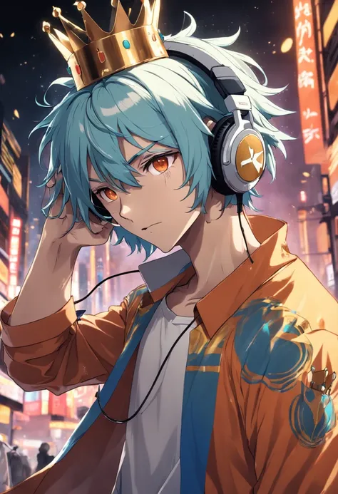 "Crie um rei, with an ostentatious crown on his head, segurando um smartphone moderno com uma tela brilhante, using state-of-the-art headphones."