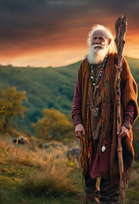 Full length portrait, elderly and strong celtic druid. rich woodland beads and leather bound jewelry with a gnarled and intricately carved staff. realistic facial features. national geographic composition. sunset and fire lighting, amongst a small village ...