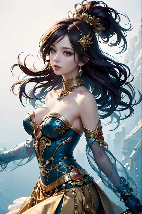 (masterpiece, top quality, best quality, official art, beautiful and aesthetic:1.2), (1 fantasy girl), long shapeless hair, extremely detailed, ornate jewellery,( fantastical background), dynamic pose, (fractal art:1.3),colorful,highest detail.