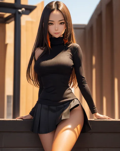 (best quality, masterpiece, ultra quality), hyper-sharp image, ultra-detailed, hyper-sharp focus, upper body, cute girl, long straight dark hair with golden highlights, straight hair, tall, tan skin, professional-looking, visible forehead, outdoors, bright...