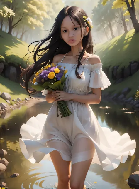 a woman in a white dress holding a bouquet of flowers, Arte no estilo de Guweiz, loish e wlop, em estilo de wlop, wlop e ross tran, Guweiz, O estilo do WLOP, pintura digital bonita, lindo pintura digital, estilo de arte de fantasia, arte wlop, Ross Tran 8 ...