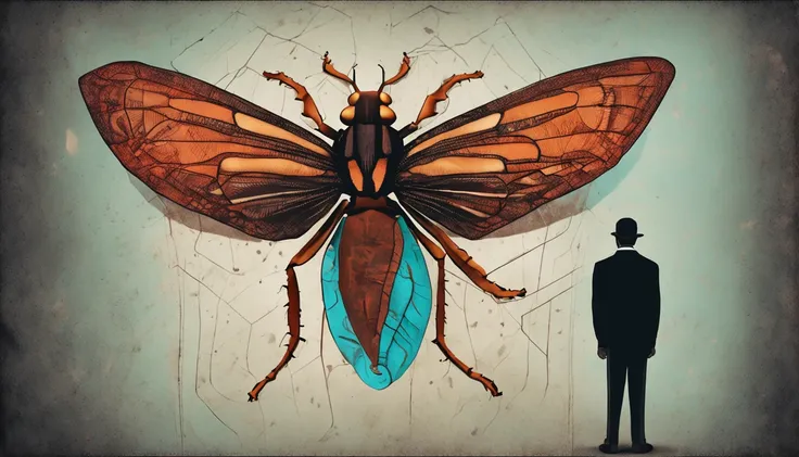 Franz Kafka gazing at a painting of Gregor Samsa metamorphosed into an insect