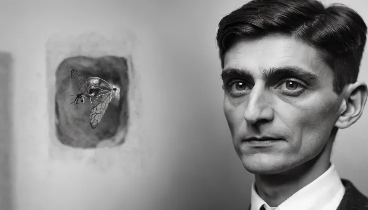 Franz Kafka gazing at a painting of Gregor Samsa metamorphosed into an insect