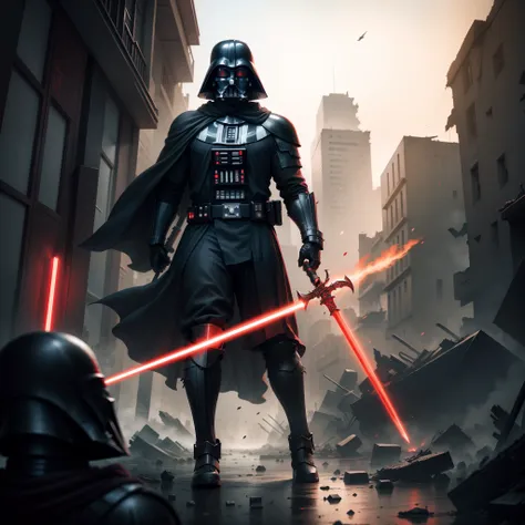 Darth Vader wielding red sword with oriental armor in a destroyed city, HD 4k