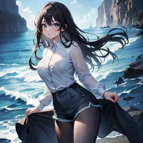 (Masterpiece, Best quality, ultra high resolution, splendid),1girl,shirt,denim shorts, pantyhose, beautiful and detailed face, detailed eyes,stop on a beach, night(gray and blue theme)