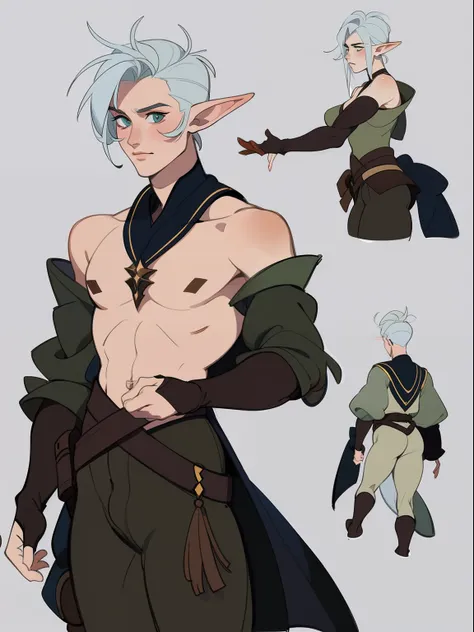 Concept design of a beautiful elven ((male)) archer, fantasy, very short revealing vulgar clothes, short hair