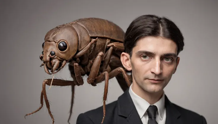 Franz Kafka stands beside his creation: Gregor Samsa, a monstrous hybrid of man and cockroach.