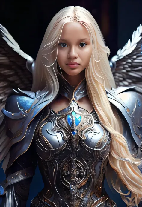 A closeup of a woman in armor with a bird on her shoulder, arte de fantasia hiperrealista, menina do cavaleiro do anjo, No estilo de Anne Stokes, pomba cameron em uma armadura de cavaleiro, angel knight gothic girl, angel in plastic armor, as a mystical va...