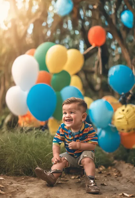 Menino feliz de 6 anos, estilo disney, cabelo castanho na altura dos ombros e olhos castanhos, usando um short azul, camisa branca com as mangas cortadas, olhando as cores do ambiente a sua volta, e admirando a beleza das cores, uma aldeia ao fundo proximo...