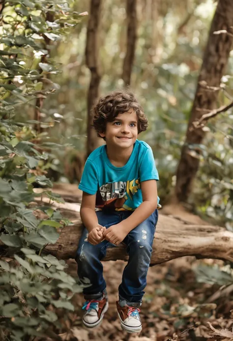 Menino feliz de 6 anos, estilo disney, cabelo castanho na altura dos ombros e olhos castanhos, usando um short azul, camisa branca com as mangas cortadas, olhando as cores do ambiente a sua volta, e admirando a beleza das cores, uma aldeia ao fundo proximo...