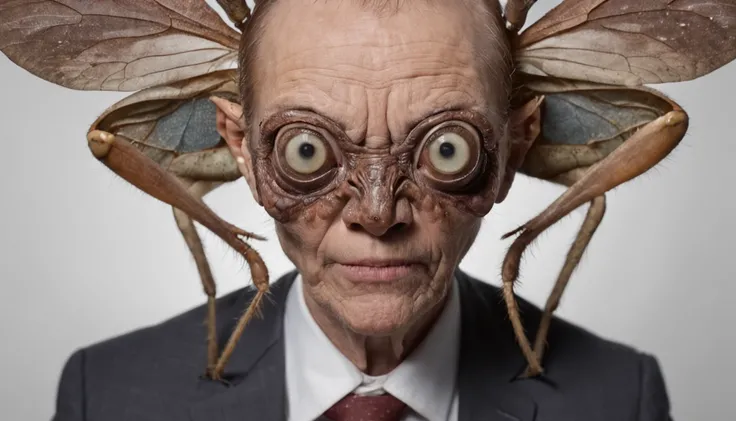 Gregor Samsa, a grotesque fusion of man and insect, surrounded by his terrified family.