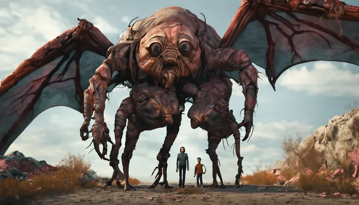 Gregor Samsa, a grotesque fusion of man and insect, surrounded by his terrified family.