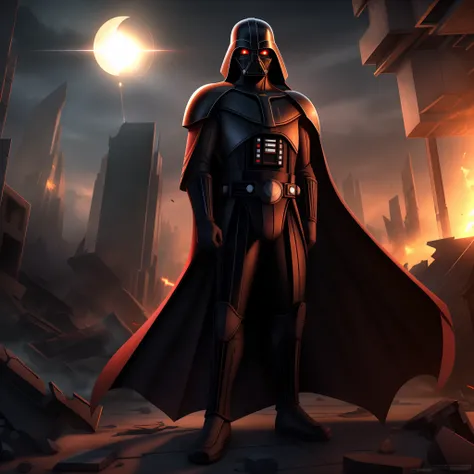 Darth Vader empunhando espada de luz vermelha, matando um Jedi, in a destroyed city, naves, cruzadores gigantes, HD , 4k, armadura