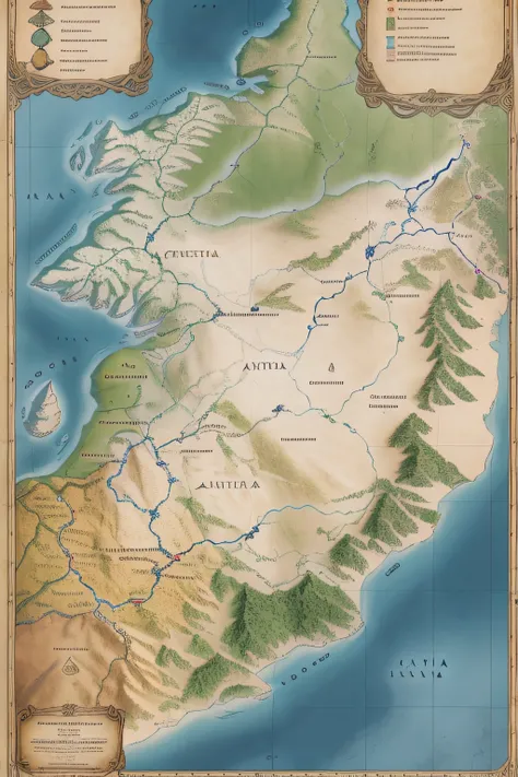 mapa de fantasia medieval, com cinco continentes completamente novo, mas baseado em faerun, com localidades, castelos, florestas, rios, lagos, deserto, portos, montanhas, cordilheiras, canyons, etc.