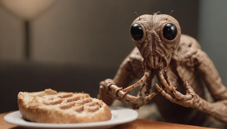 Gregor Samsa, a grotesque fusion of man and insect, in his squalid room, devouring bread and drinking dirty milk, as his family watches in terror.