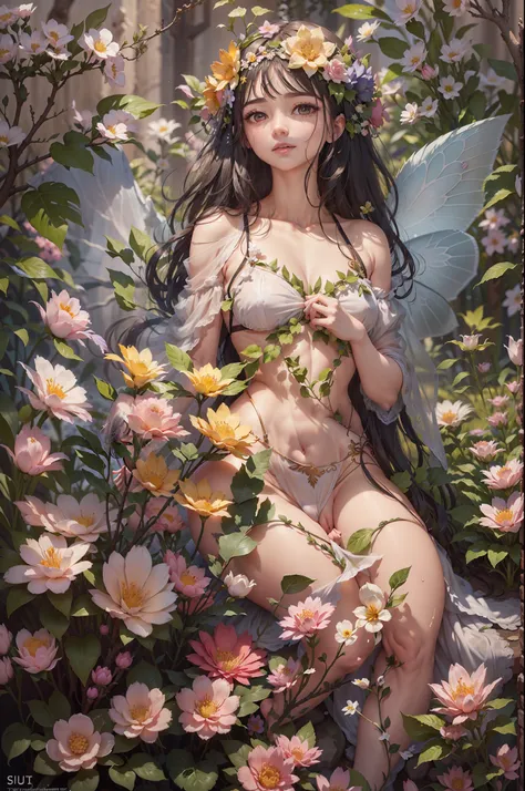 A goddess of love in her small garden, She is surrounded by beautiful flowers, Little angels and fairies accompany her. Su mirada revisa la dulzura, Se viste de forma luminosa y vaporosa. Su cuerpo es esbelto y espectacular. ((pechos grandes)) (cuerpo fitn...