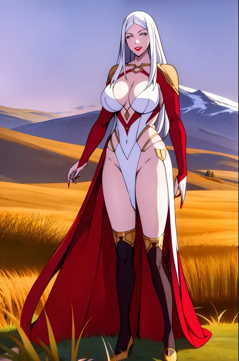 carmilla medium breasts, white hair, beautiful face, blue eyes, red lipstick, (masterpiece:1.2), best quality, absurdres, highres, extremely detailed wallpaper, perfect lighting, outdoors, grass, field, night sky,, full body, huge breast,smile,