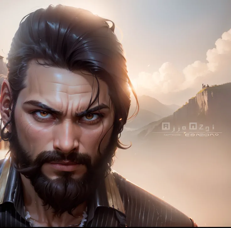 (Professional 3D rendering:1.3) de (Realistic:1.3) Foto de arte mais bonita do mundo，Features soft, bright male heroes, ((Epic hero fantasy rough muscular man wet hero angry look long hair short beard and fierce expression in dynamic pose, fantastic locati...