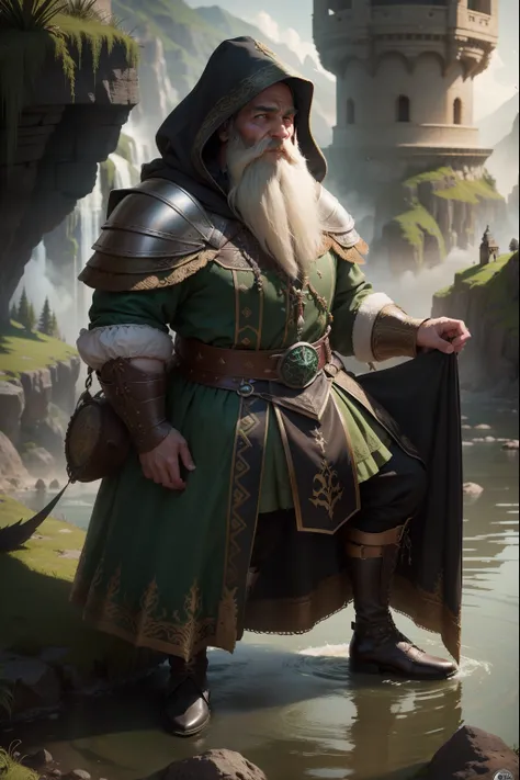 Mighty Dwarf, armadura dourada, escudos de torre, decorado com uma barba frisada, cachos longos em cascata, gordo, realistic depiction, 4k resolution. Background Story: Paisagem de castelo, roupas da realeza, UHD 32k, melhor qualidade, master part, super d...