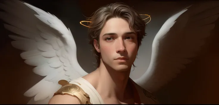 pintura de um jovem com asas brancas de anjo no peito, Retrato de um anjo bonito, Neoartcore e Charlie Bowater, cheio de pinturas de anjos, angelic face, Wlop Jeremy Lipkin, Artgerm e William Bouguereau, Arte de Wlop e Greg Rutkowski, macho com halo, WLOP ...