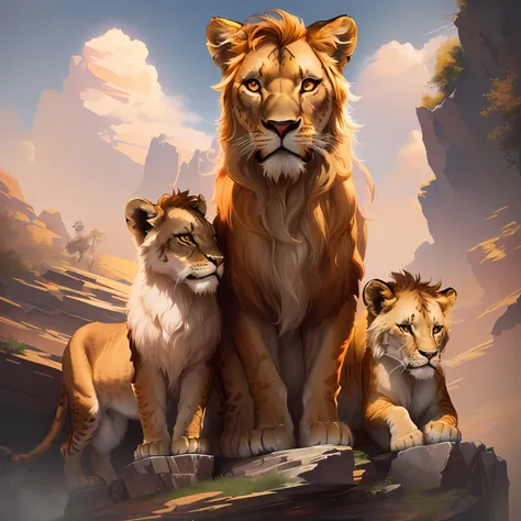 A lioness with cubs stands on a rock,((( tmasterpiece))),beste-Qualit,illustartion,beautifuldetailedglow, paper_cut Львов, Simba, Realistic scene, Majesty, Laszlo Balog, a family portrait, key art, Lisa Parker, Majestic posture, Brothers, detailed beautifu...