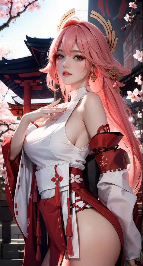 (Masterpiece, Excellent, 1girl, solo, complex details, color difference), realism, ((medium breath)), off-the-shoulders, big breasts, sexy, Yae Miko, long pink hair, red headdress, red highlight, hair above one eye, green eyes, earrings, sharp eyes, perfec...