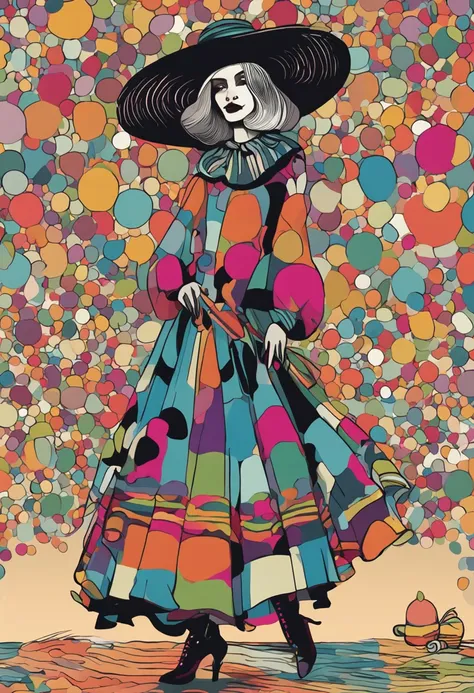 A witch in a colorful polka-dot dress, striped stockings, and a wide-brimmed hat.