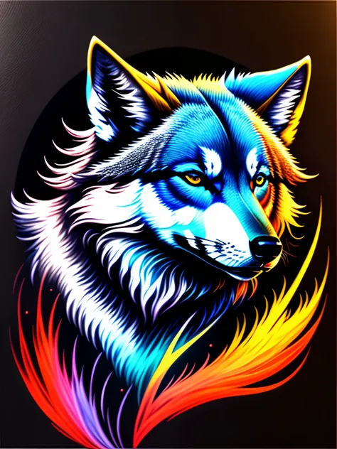 a painting of a colored wolf on a black background, breathtaking rendering, within a radiant connection, inspired by Kinuko Y. Craft,, magical elements, wolf icon, wow, is beautiful, casting a multi colorful spell, bright flash, flash