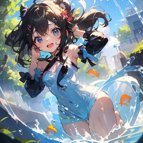 tmasterpiece, best qualtiy, super ultra detail, 8K illustration, The cute little loli girl in the water is frolicking, Splashes, She is dressed in a Darke costume, Its called Little Bird Swim Rokuka。