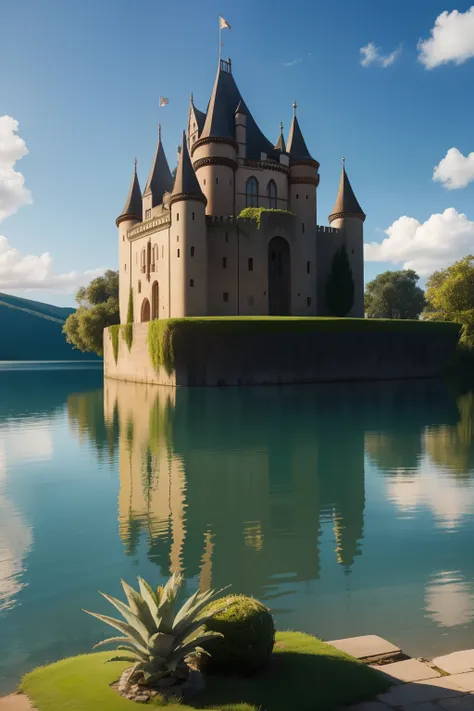 beautiful lake with an ancient castle with a pineapple-shaped roof