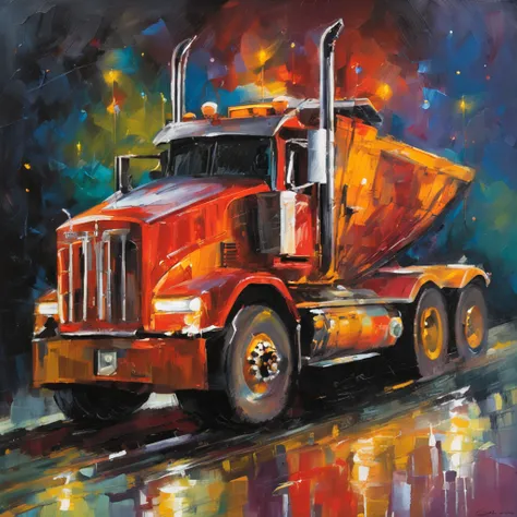 In the city at night, Everything around is shrouded in mystery and mystery. A journey on a powerful, modern tractor unit,  The truck has a long, heavy-duty covered trailer,  Illuminated by the lights of the night city, the paintings float past you, creatin...