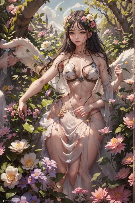 A goddess of love in her small garden, She is surrounded by beautiful flowers, Little angels and fairies accompany her. Su mirada revisa la dulzura, Se viste de forma luminosa y vaporosa. Su cuerpo es esbelto y espectacular. ((pechos grandes)) (cuerpo fitn...