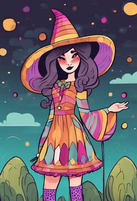 A witch in a colorful polka dot dress, striped stockings, and a wide-brimmed hat, cartoon, 4k, full length