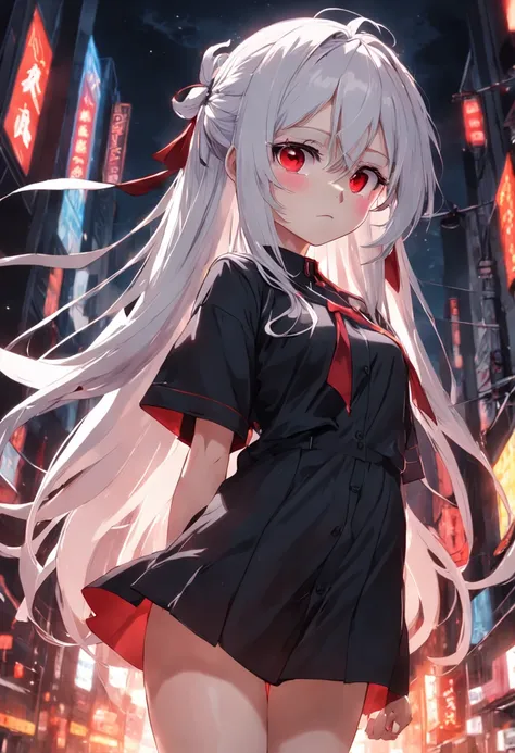 BREAK,{{Masterpiece}},{{best quality}},{{illustration}},{beautiful detailed eyes},{{cinematic lighting}},1girl,isla,white hair,long hair,double twintails,red eyes,black office shirt,black oversized shirt,open collar,bare legs